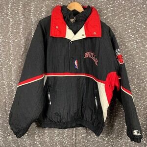 Vintage Starter Chicago Bulls Pullover Jacket Half Zip Coat Hooded Men's Size XL